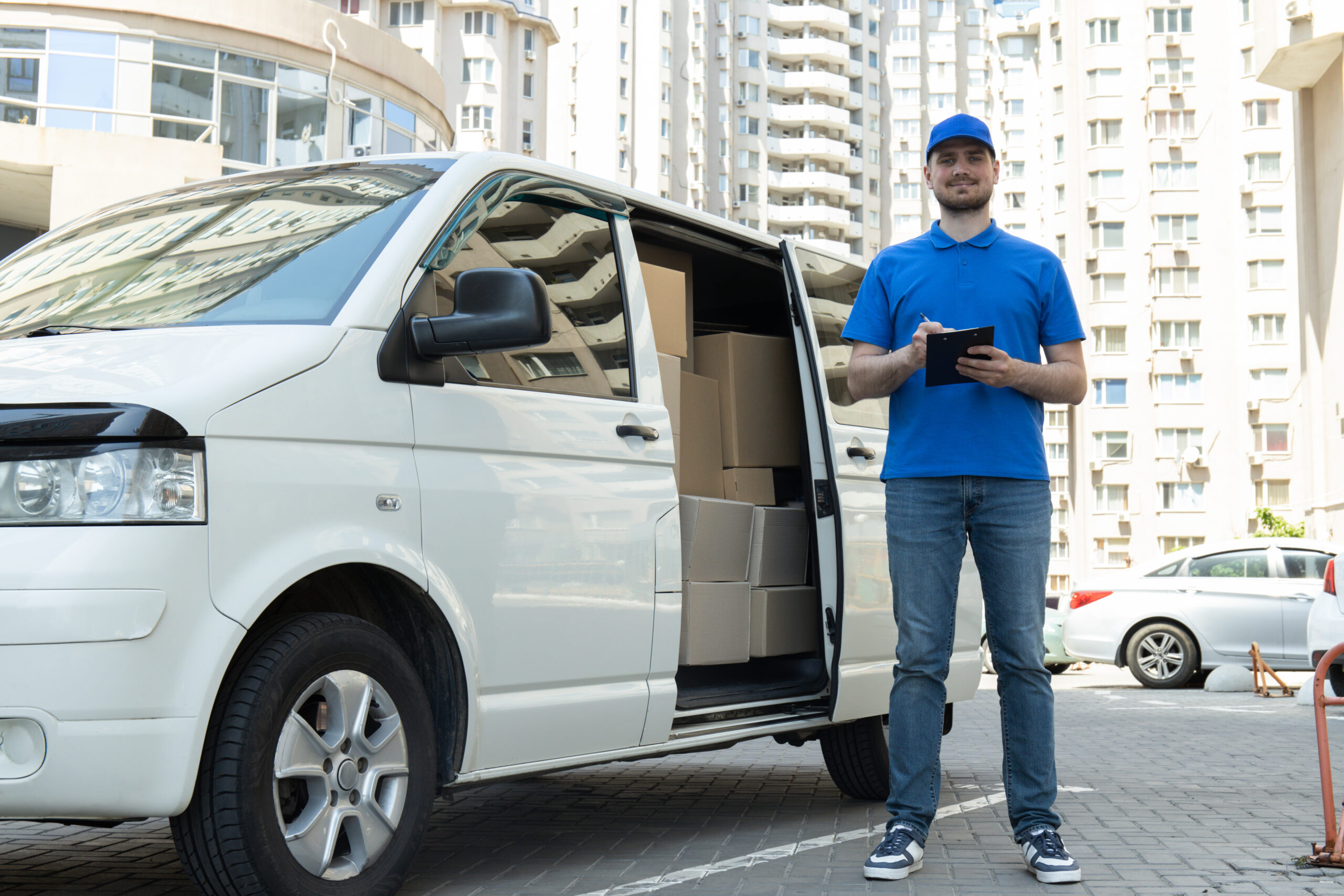 A courier with a tablet in his hands near a car with boxes